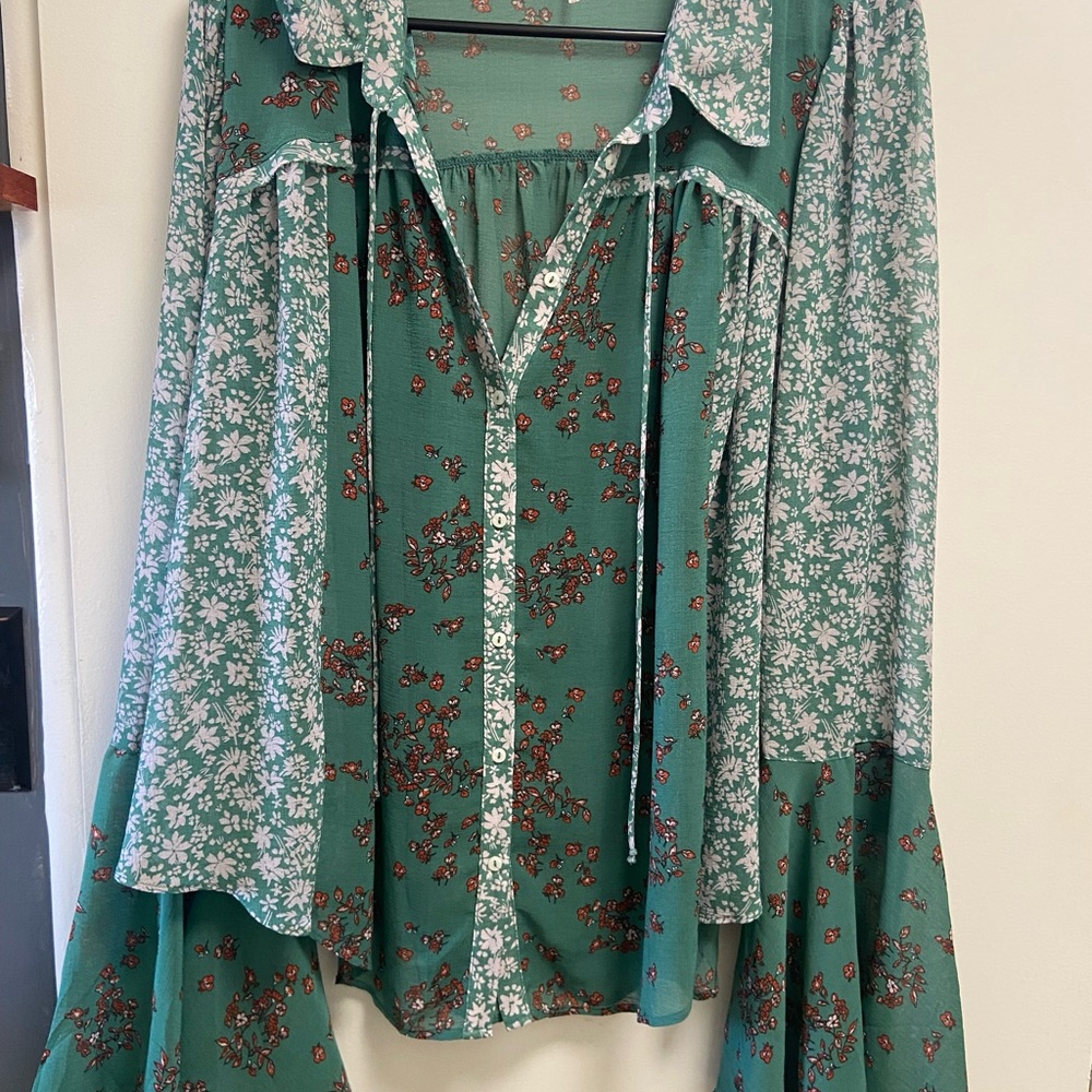 Free People Teal Green Mixed-Print Floral Button Blouse - Picture 2 of 5